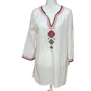 Sigrid Olsen Signature Embroidered Boho Long Sleeve V Neck Tunic Size Large